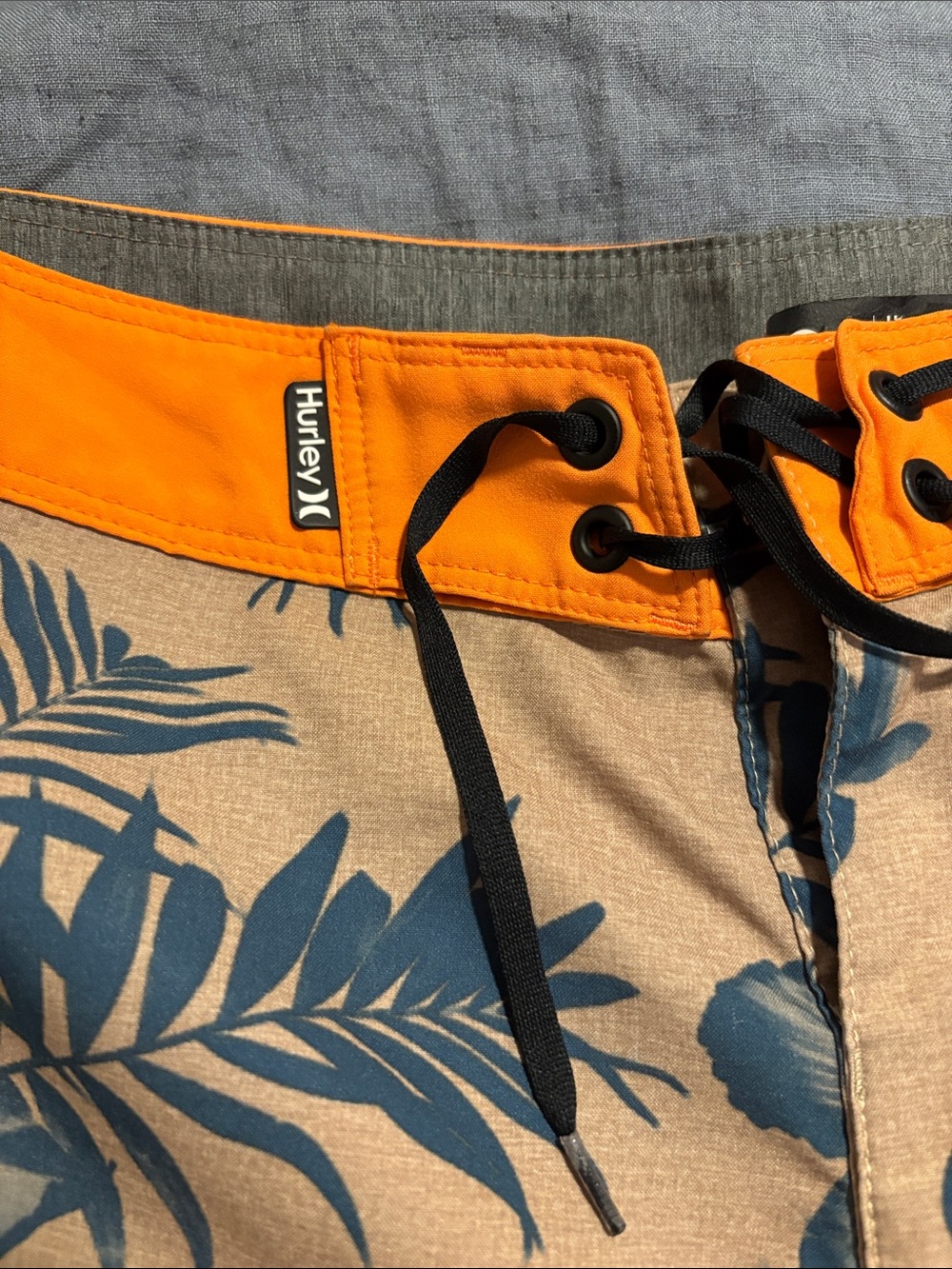 Hurley Beige Floral Swim Shorts with Blue Print and Orange Waistband - Picture 2 of 4